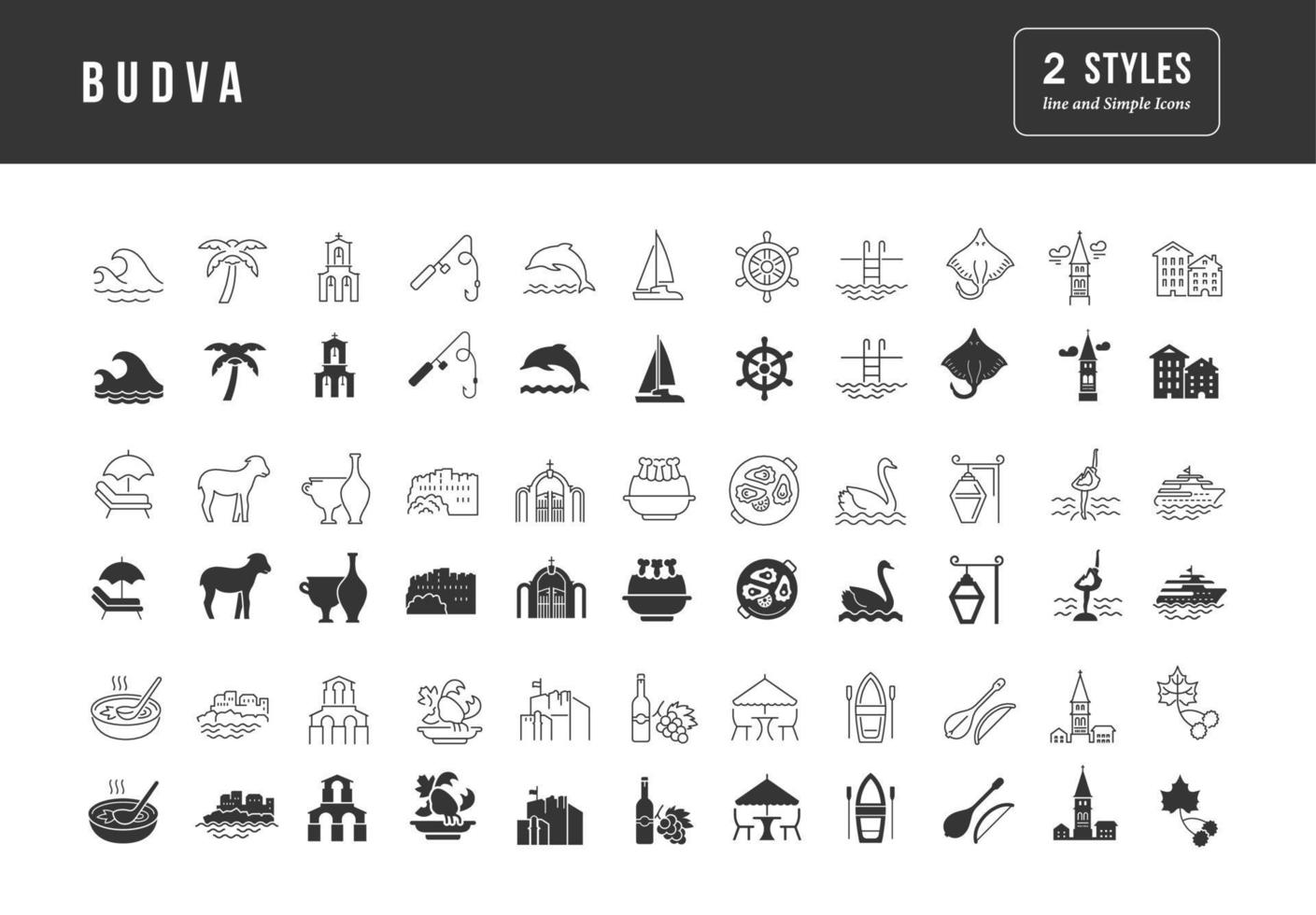 Set of simple icons of Budva vector