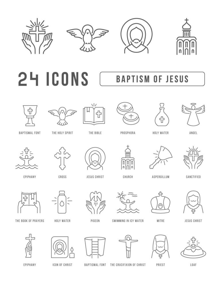 Set of linear icons of Baptism of Jesus vector