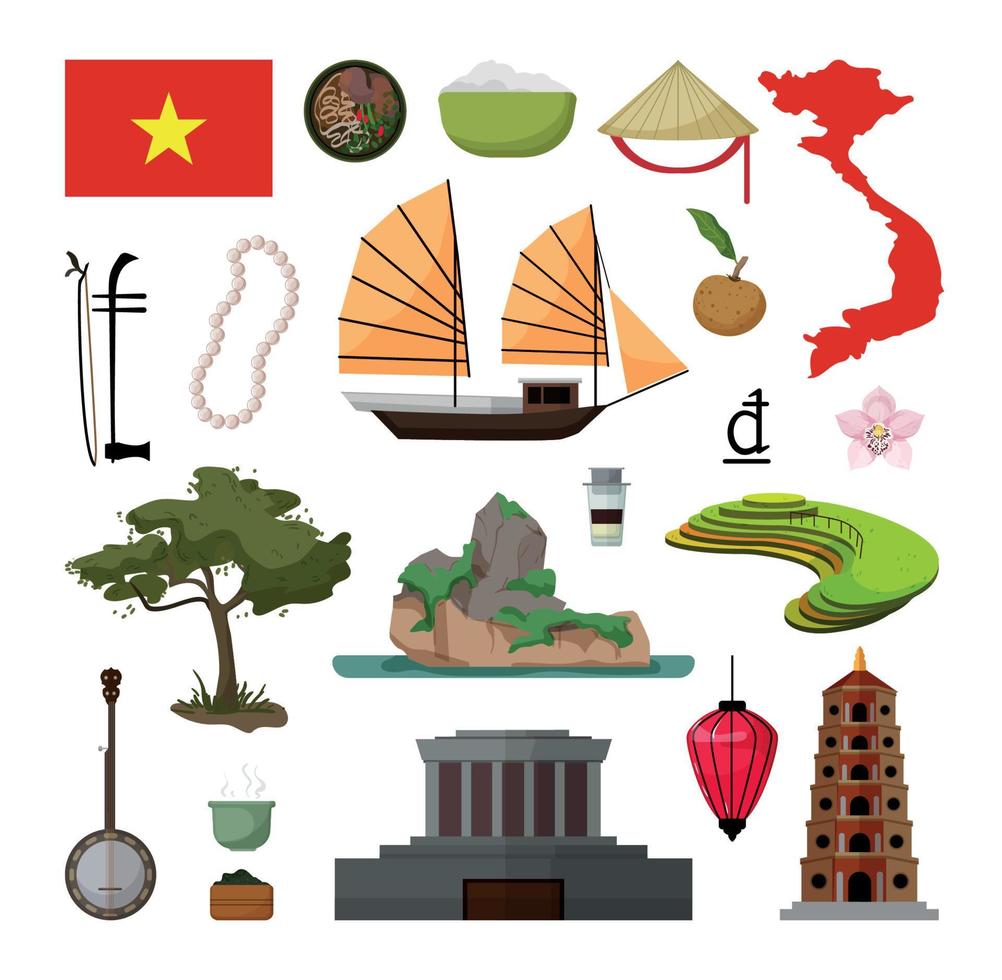 conjunto de ilustraciones asociativas vietnamitas vector