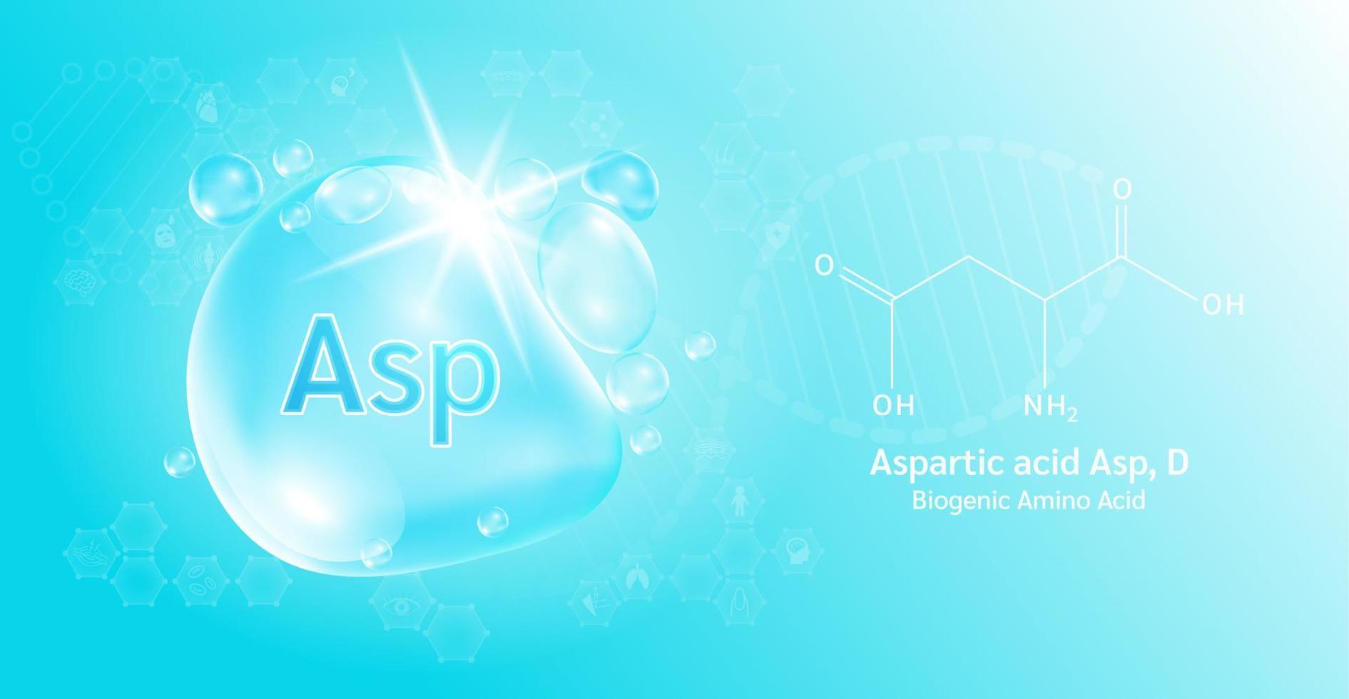 Water drop Important amino acid Aspartic acid Asp, D and structural chemical formula. Aspartic on a blue background. Medical and scientific concepts. 3D Vector Illustration.