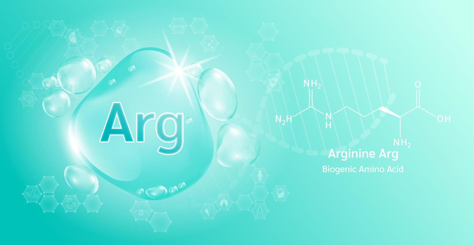 gota de agua importante aminoácido arginina arg y fórmula química estructural. arginina sobre un fondo verde. conceptos médicos y científicos. Ilustración vectorial 3d. vector