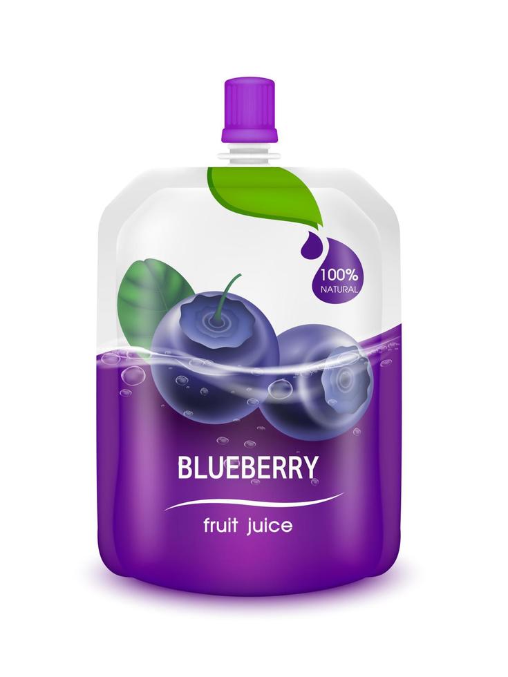 Blueberry juice jelly drink in foil pouch with top cap and design of blueberry fruit purple packaging mock up. Isolated on a white background. Realistic 3D vector EPS10 illustration.
