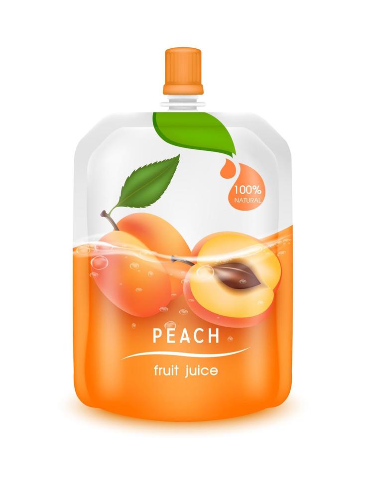 Peach juice jelly drink in foil pouch with top cap and design of peach fruit red packaging mock up. Isolated on a white background. Realistic 3D vector EPS10 illustration.