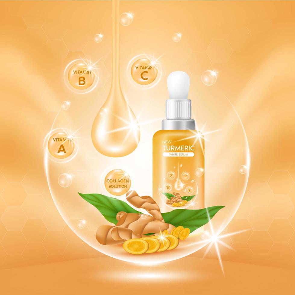 Turmeric root Serum Extract, Collagen and Vitamin. Oil for skin care herb organic medical. Realistic Vector EPS10.