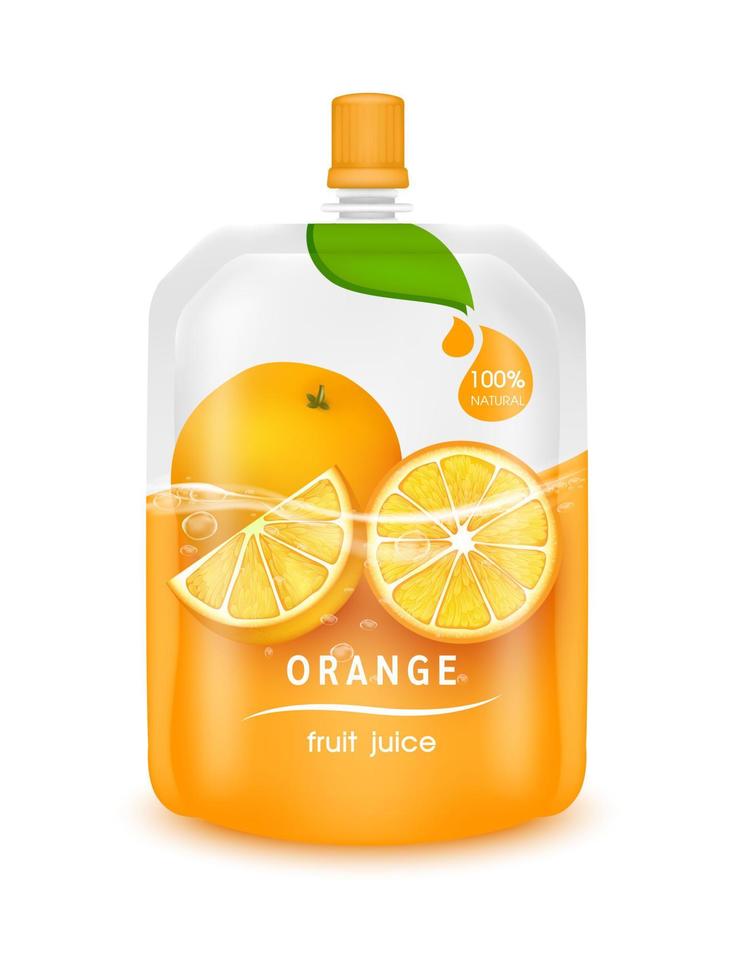 Orange juice jelly drink in foil pouch with top cap and design of orange fruit red packaging mock up. Isolated on a white background. Realistic 3D vector EPS10 illustration.