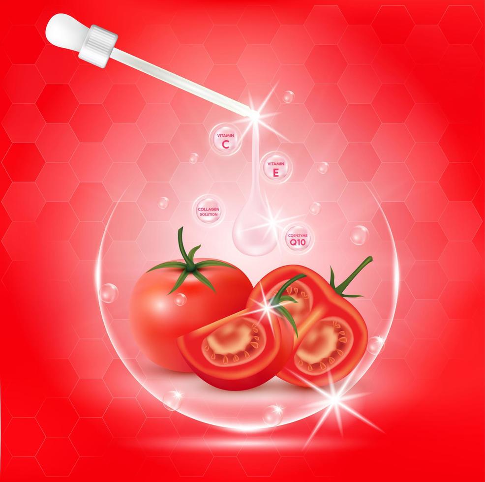 suero de cuerpo blanco de tomate, extracto de colágeno y vitamina. crema para el cuidado de la piel de tomate. eps10 vectoriales. vector