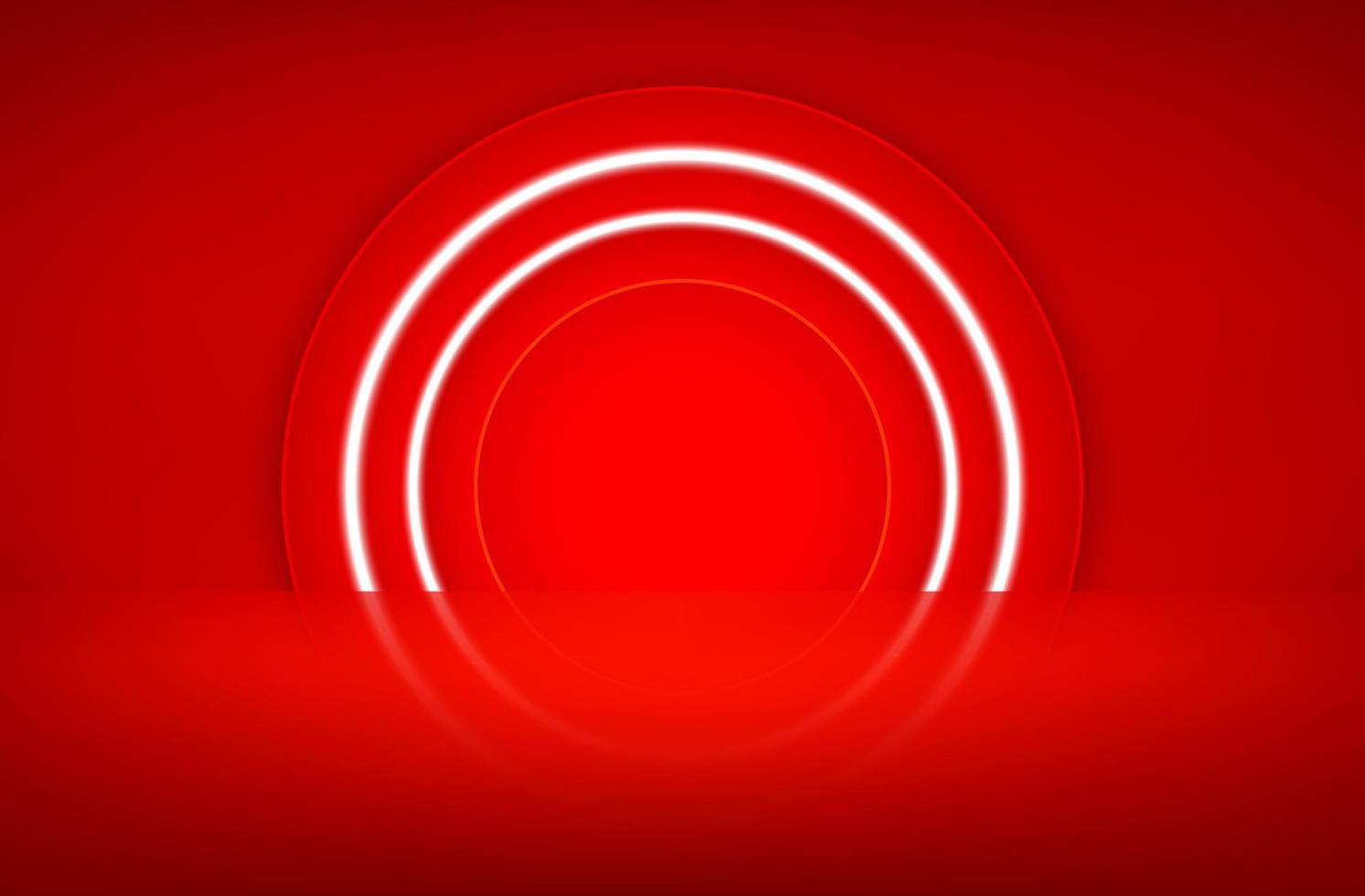 Empty red studio and a recess illuminated by lanterns neon lights. Free space for product presentation. Red background abstract. 3D Vector illustration.