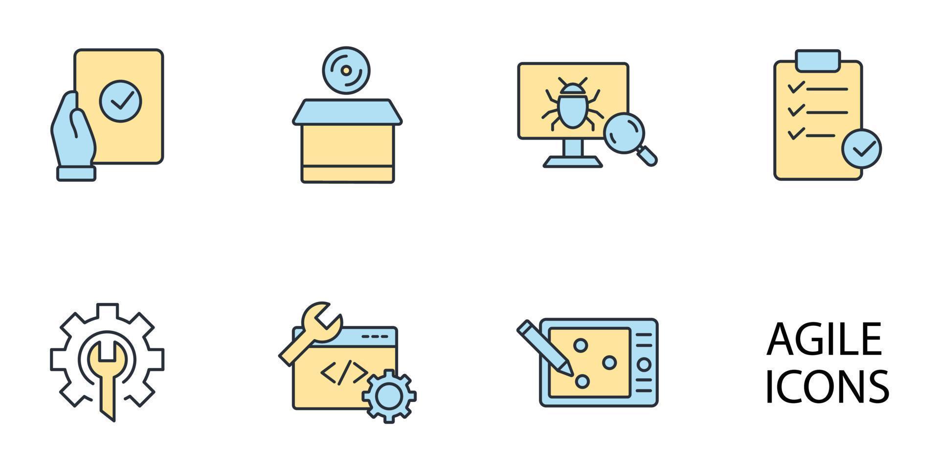 Conjunto de iconos de agilidad de la computadora web empresarial de software de desarrollo ágil. desarrollo ágil software negocio web computadora agilidad paquete símbolo elementos vectoriales para infografía web vector