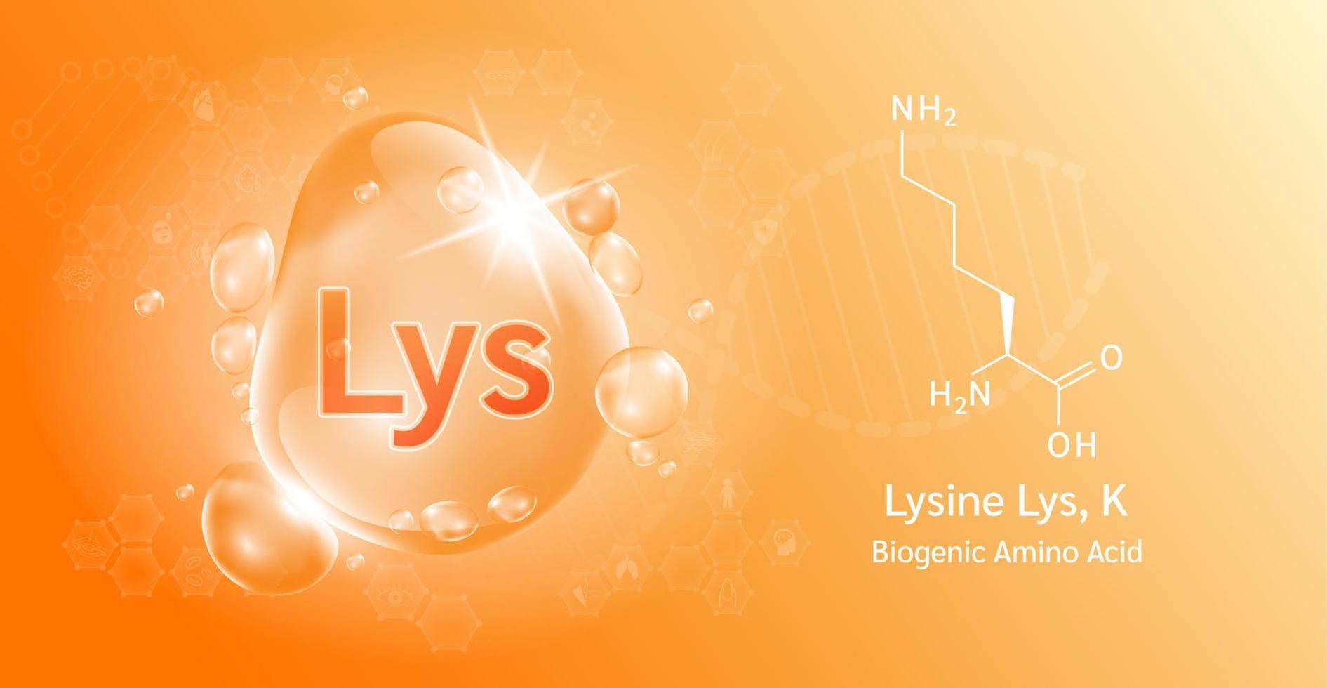 gota de agua importante aminoácido lisina lys, k y fórmula química estructural. lisina sobre un fondo naranja. conceptos médicos y científicos. Ilustración vectorial 3d. vector