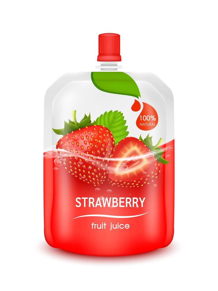 Strawberry juice jelly drink in foil pouch with top cap and design of strawberry fruit red packaging mock up. Isolated on a white background. Realistic 3D vector EPS10 illustration.