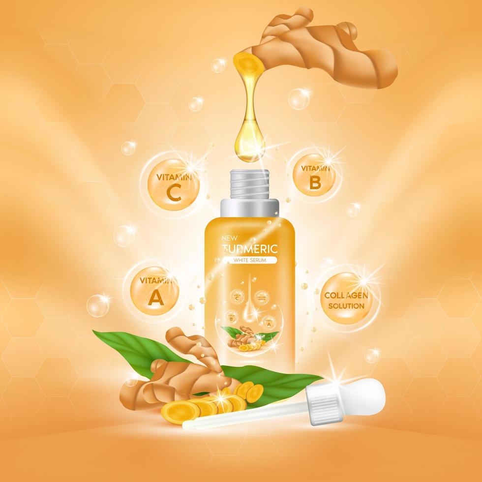 Turmeric root Serum Extract, Collagen and Vitamin. Oil for skin care herb organic medical. Realistic Vector EPS10.