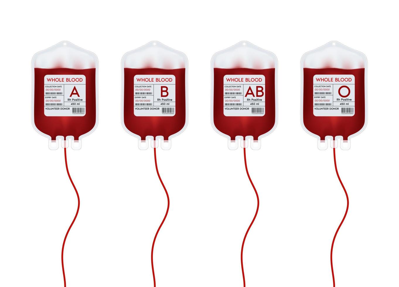 bolsa de sangre con etiqueta diferente grupo sanguíneo a, b, o y sistema rh. Ideas de donación de sangre para ayudar a los médicos lesionados. 3d vector eps10 ilustración
