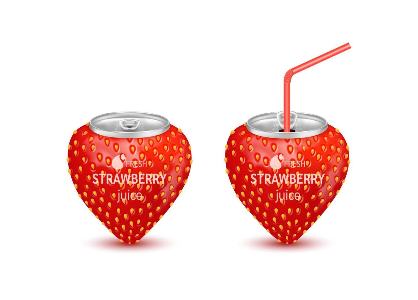 Fresh strawberry fruit juice soft drink with lid aluminum can and drinking straw. Isolated on a white background. Healthy fruit drink concept. Realistic 3D vector EPS10 illustration.