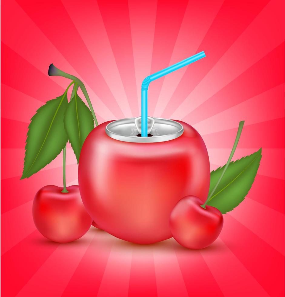 Fresh cherry juice soft drink with lid aluminum can and drinking straw. Isolated on a red background. Healthy fruit drink concept. Realistic 3D vector EPS10 illustration.