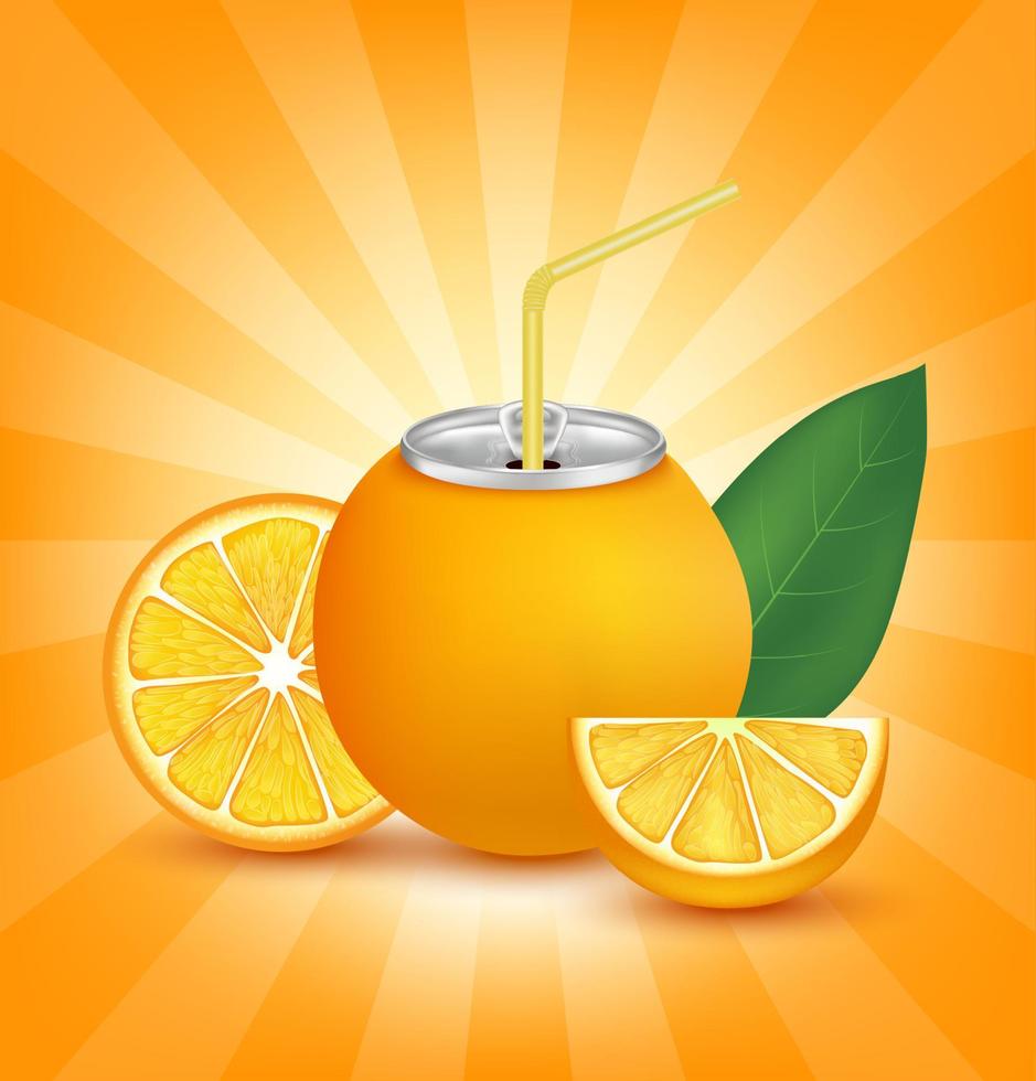 Refresco de jugo de naranja fresco con tapa de lata de aluminio y paja para beber. aislado en un fondo naranja. concepto de bebida de fruta saludable. ilustración vectorial 3d realista eps10. vector