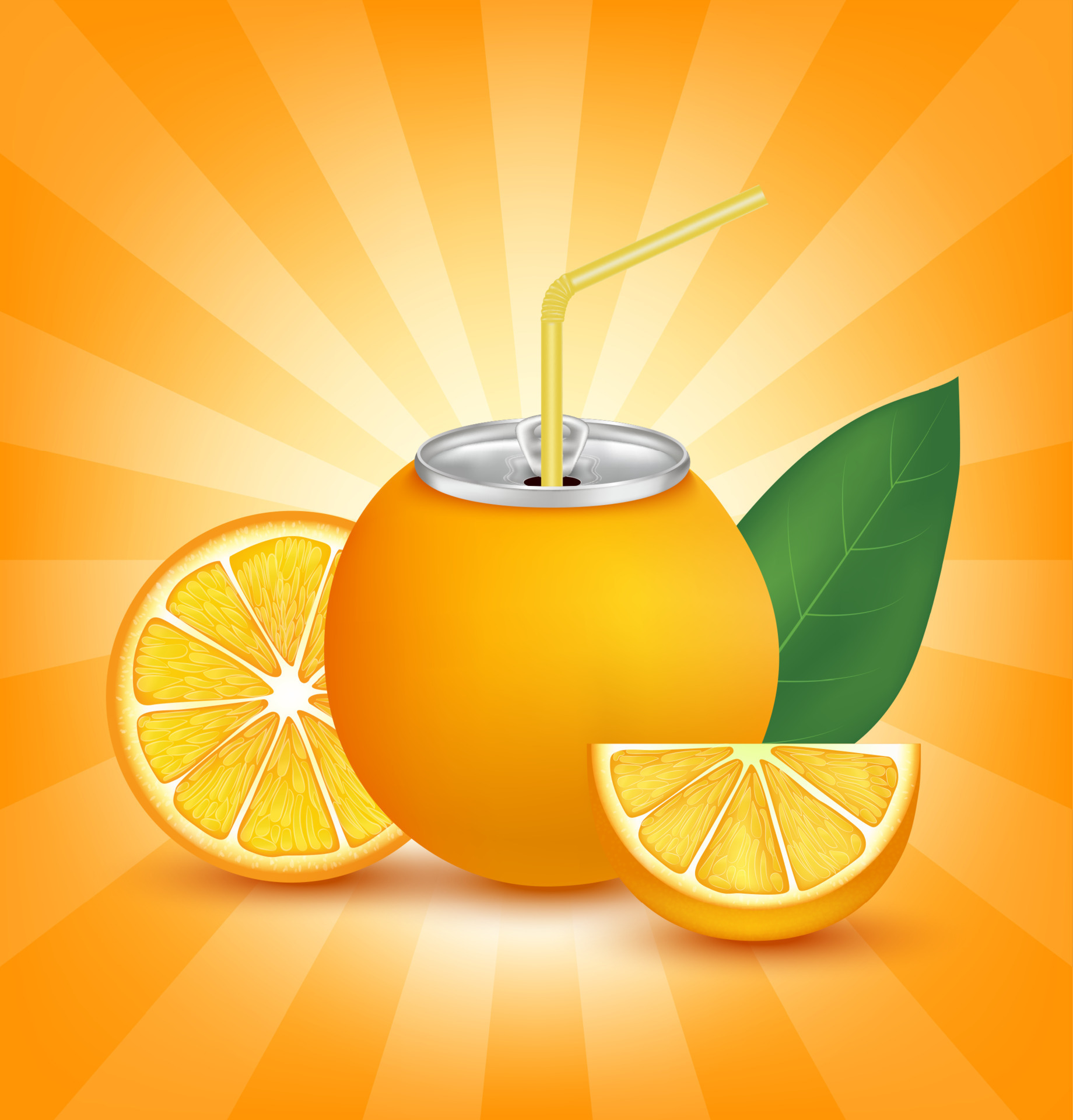 Refresco de jugo de naranja fresco con tapa de lata de aluminio y paja