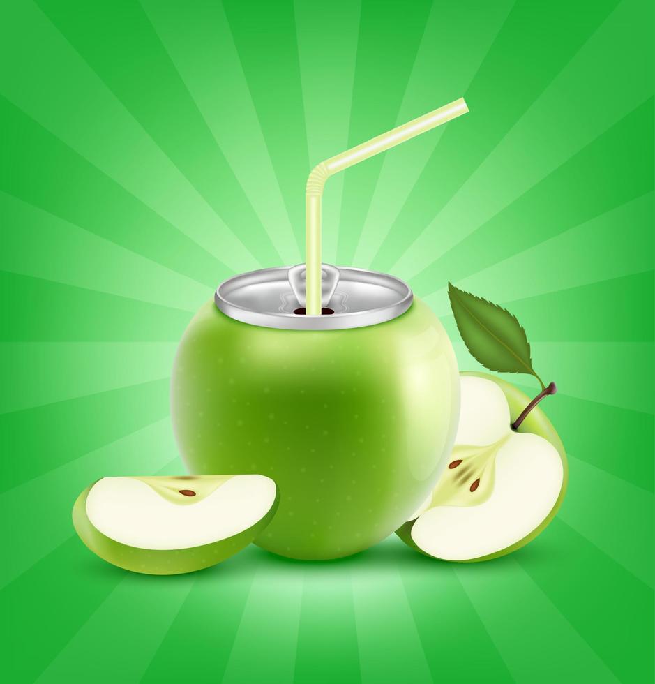 Fresh apple juice soft drink with lid aluminum can and drinking straw. Isolated on a green background. Healthy fruit drink concept. Realistic 3D vector EPS10 illustration.