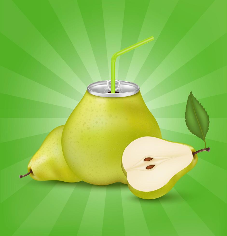 Fresh pear juice soft drink with lid aluminum can and drinking straw. Isolated on a green background. Healthy fruit drink concept. Realistic 3D vector EPS10 illustration.