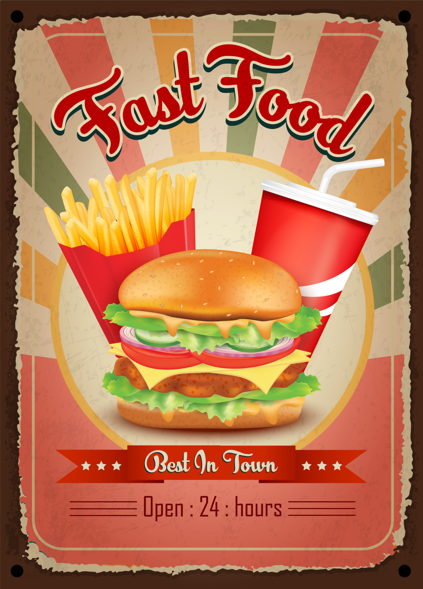 Burger, french fries vintage restaurant sign. Fast food vintage poster.  Retro design with big hamburger on old metal background red and turquoise  colors. Wall decoration printing media. Vector EPS10. 9485154 Vector Art