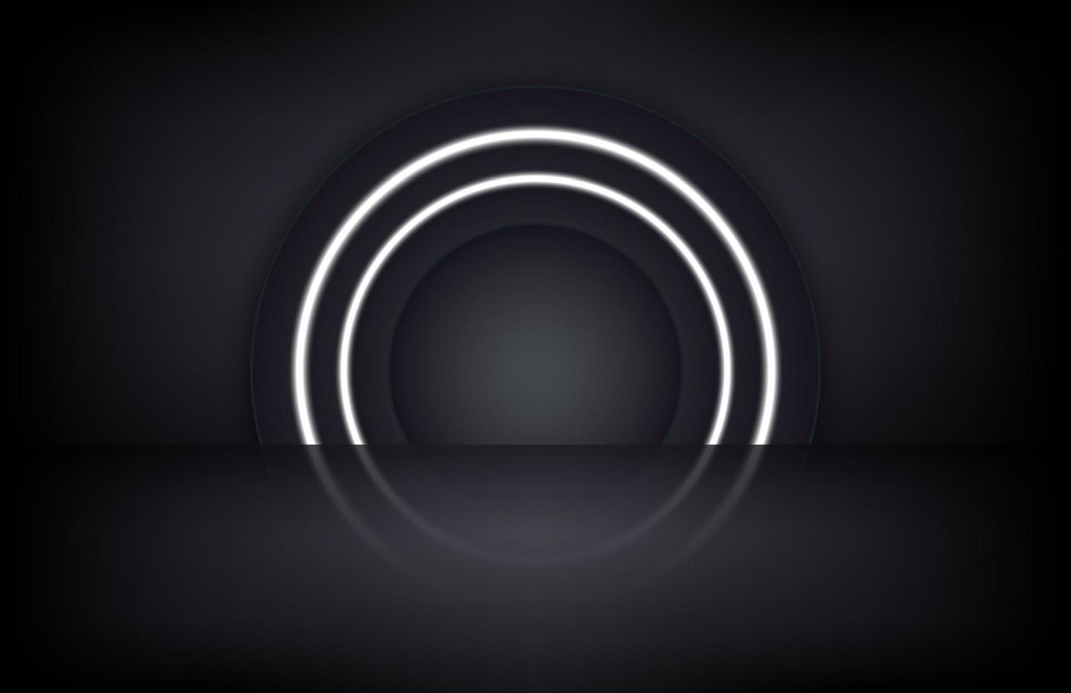 Empty black studio and a illuminated by neon lights circle. Free space for product presentation. Black background abstract. 3D Vector illustration.