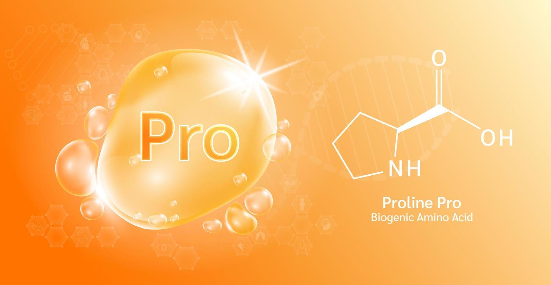 gota de agua importante aminoácido prolina pro y fórmula química estructural. prolina sobre un fondo naranja. conceptos médicos y científicos. Ilustración vectorial 3d. vector