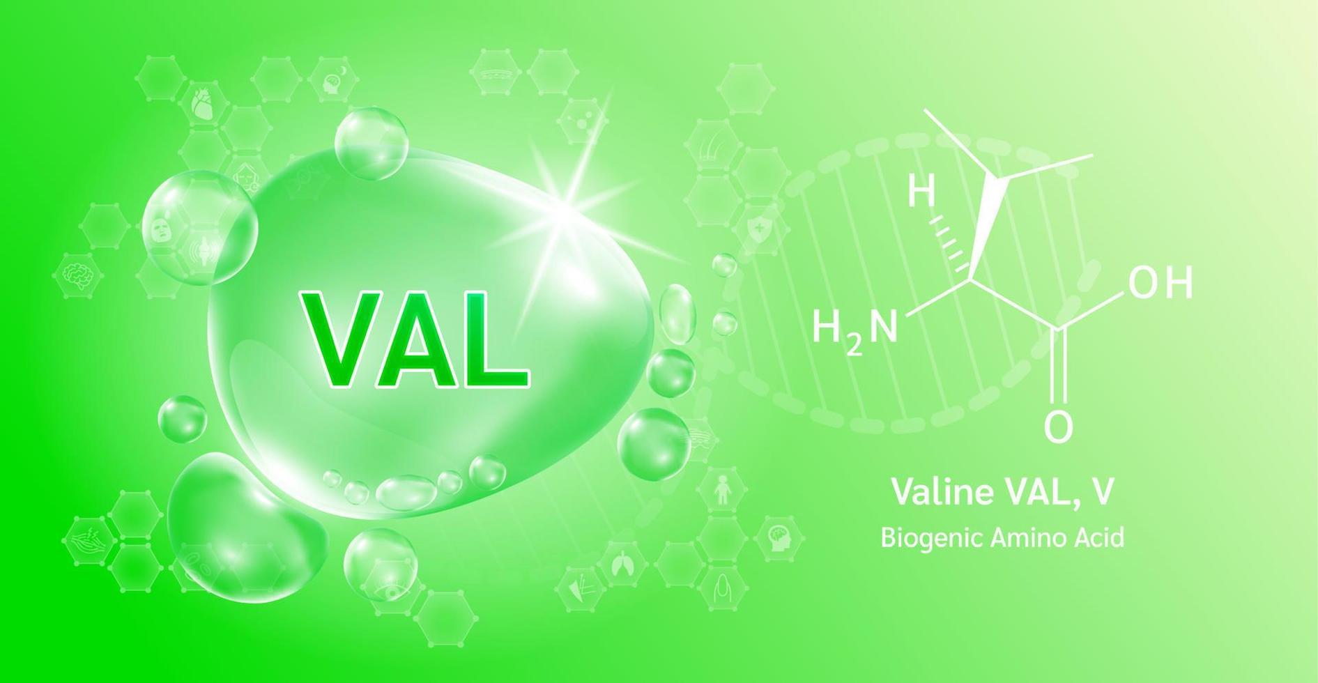 Water drop Important amino acid Valine VAL, V and structural chemical formula. Valine on a green background. Medical and scientific concepts. 3D Vector Illustration.