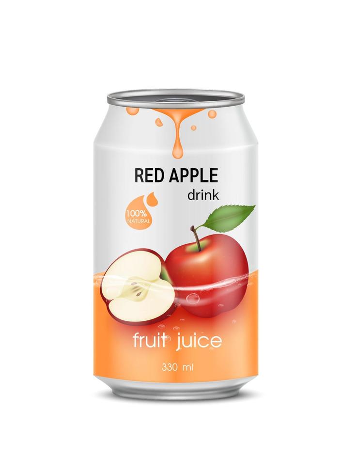 Red apple juice soft drink in aluminum can and design of apple fruit orange packaging mock up.  Isolated on a white background. Realistic vector EPS10 illustration.