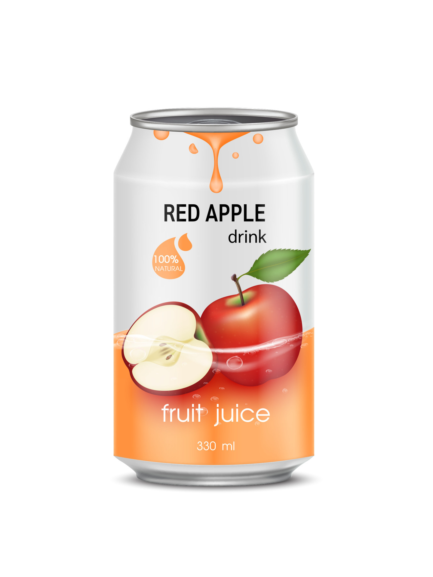 Red apple juice soft drink in aluminum can and design of apple fruit