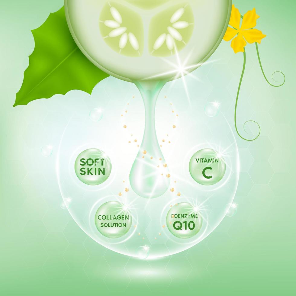 Cucumber white body serum, Extract Collagen and Vitamin. Cucumber skin care cream. Vector EPS10.