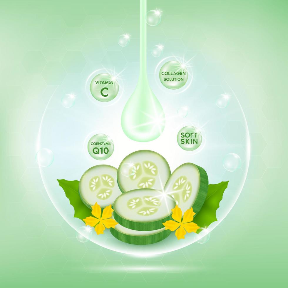 Cucumber white body serum, Extract Collagen and Vitamin. Cucumber skin care cream. Vector EPS10.