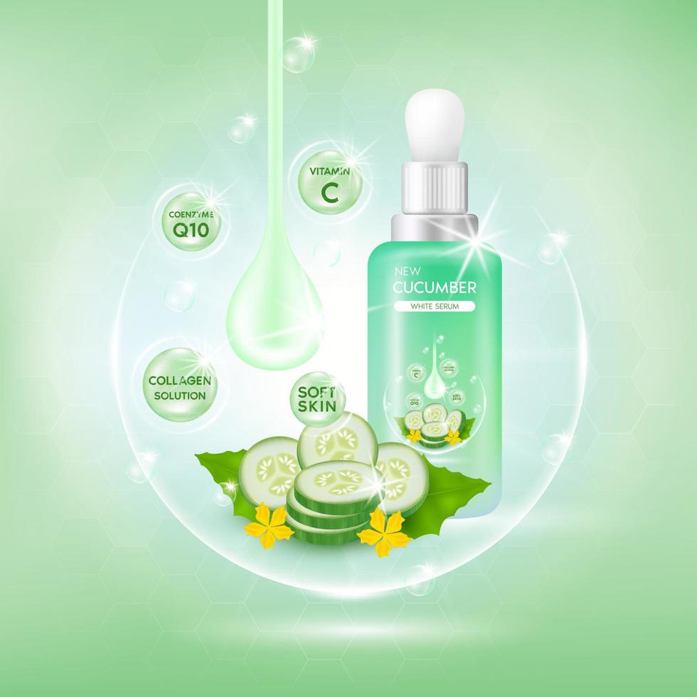 Cucumber white body serum, Extract Collagen and Vitamin. Cucumber skin care cream. Vector EPS10.