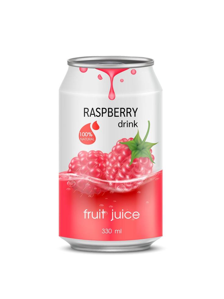 Raspberry juice soft drink in aluminum can and design of raspberry fruit red packaging mock up.  Isolated on a white background. Realistic vector EPS10 illustration.