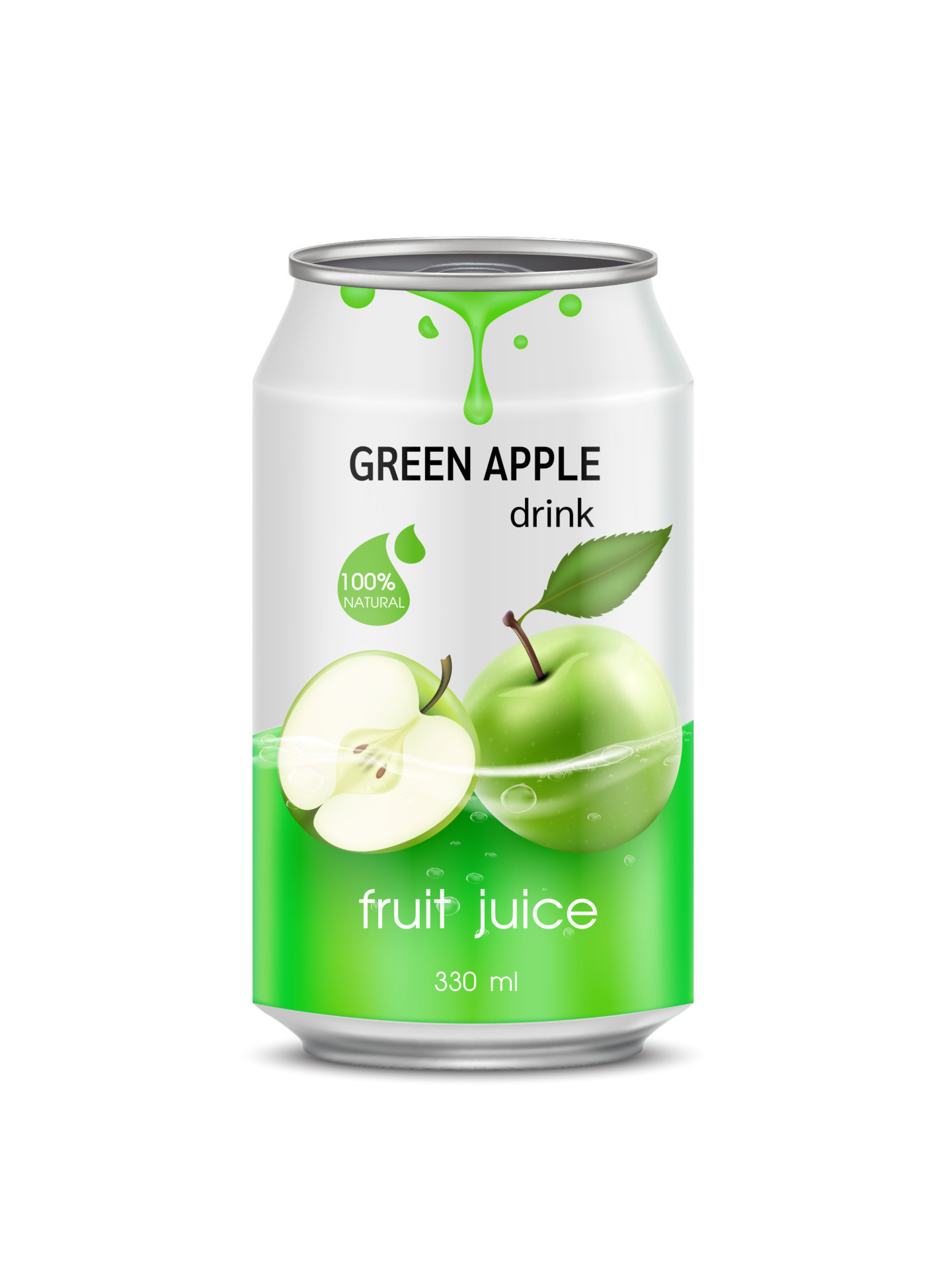 Green apple juice soft drink in aluminum can and design of apple fruit