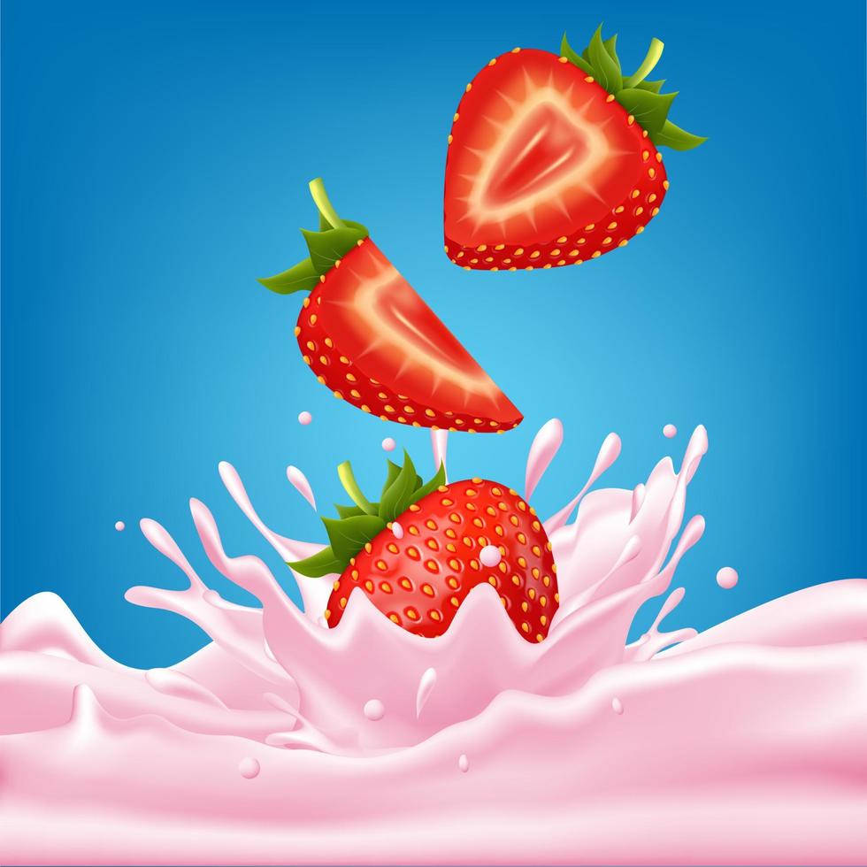 Strawberry sweet pink milk with berries and splashes realistic, Fruit and yogurt. vector 3d illustration.