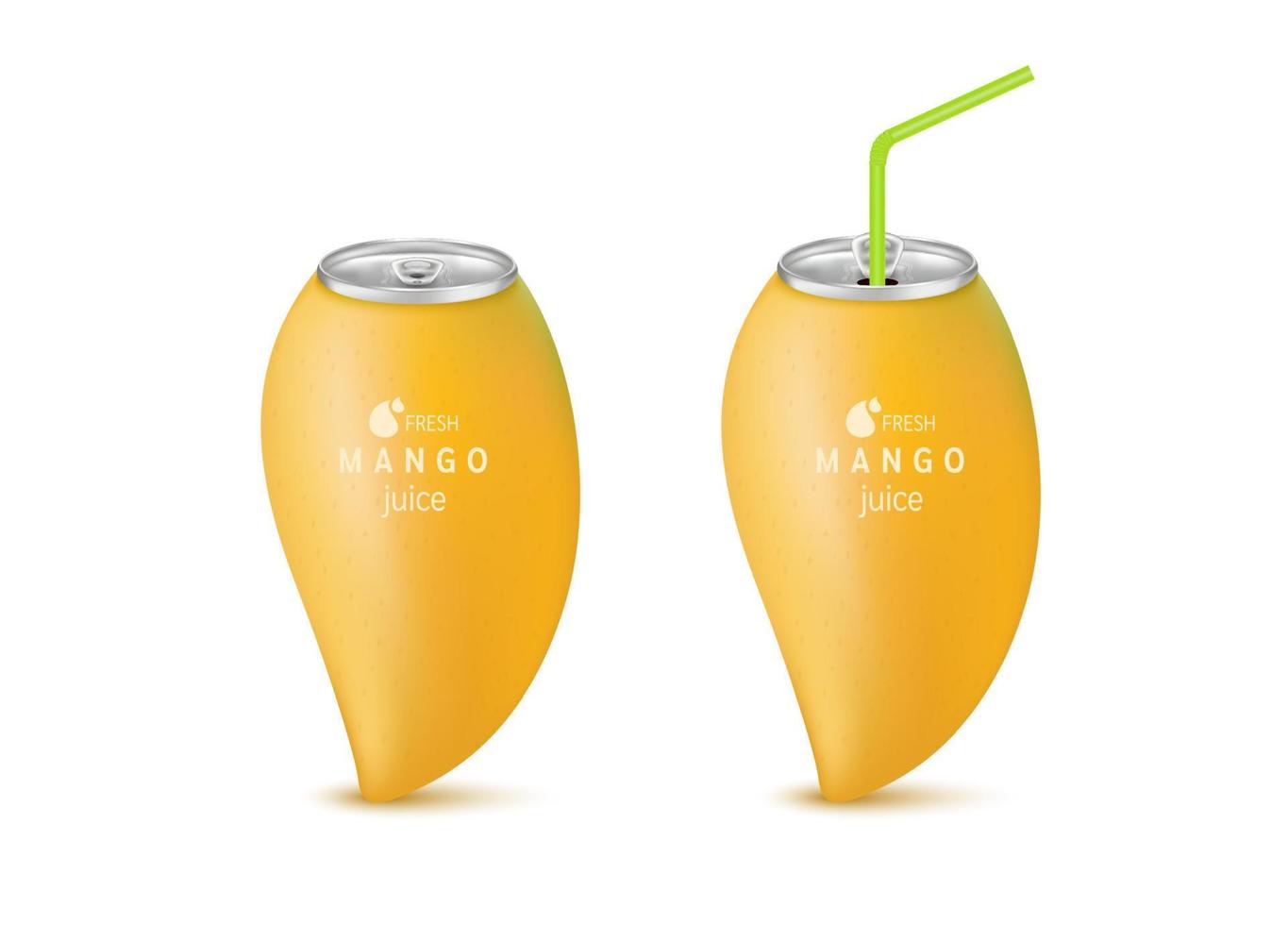 Fresh mango juice soft drink with lid aluminum can and drinking straw. Isolated on a white background. Healthy fruit drink concept. Realistic 3D vector EPS10 illustration.