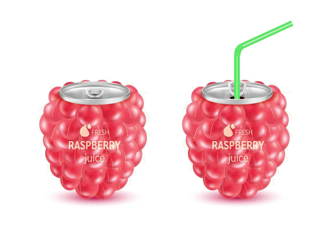 Fresh rasberry fruit juice soft drink with lid aluminum can and drinking straw. Isolated on a white background. Healthy fruit drink concept. Realistic 3D vector EPS10 illustration.
