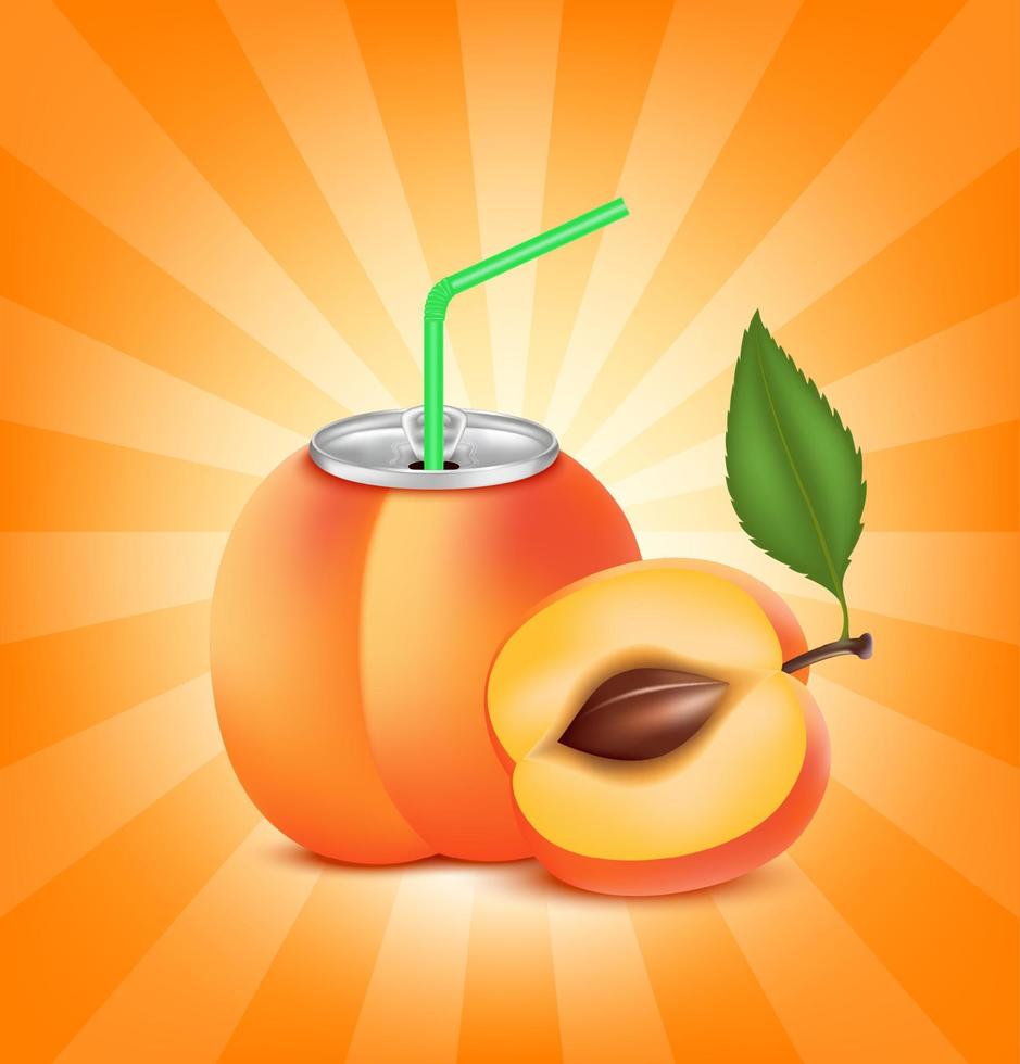 refresco de jugo de melocotón fresco con tapa lata de aluminio y paja para beber. aislado en un fondo naranja. concepto de bebida de fruta saludable. ilustración vectorial 3d realista eps10. vector