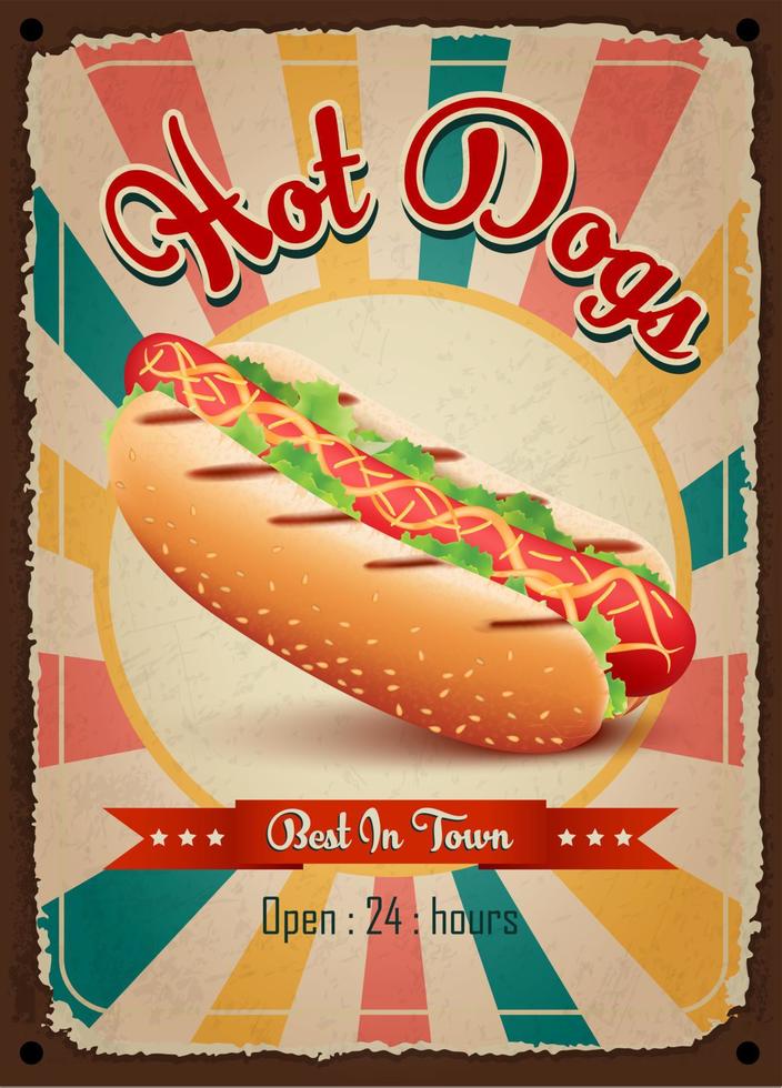 Hot dogs vintage restaurant sign. Fast food vintage poster. Retro design with big hamburger on old metal background red and turquoise colors. Wall decoration printing media. Vector EPS10 illustration.