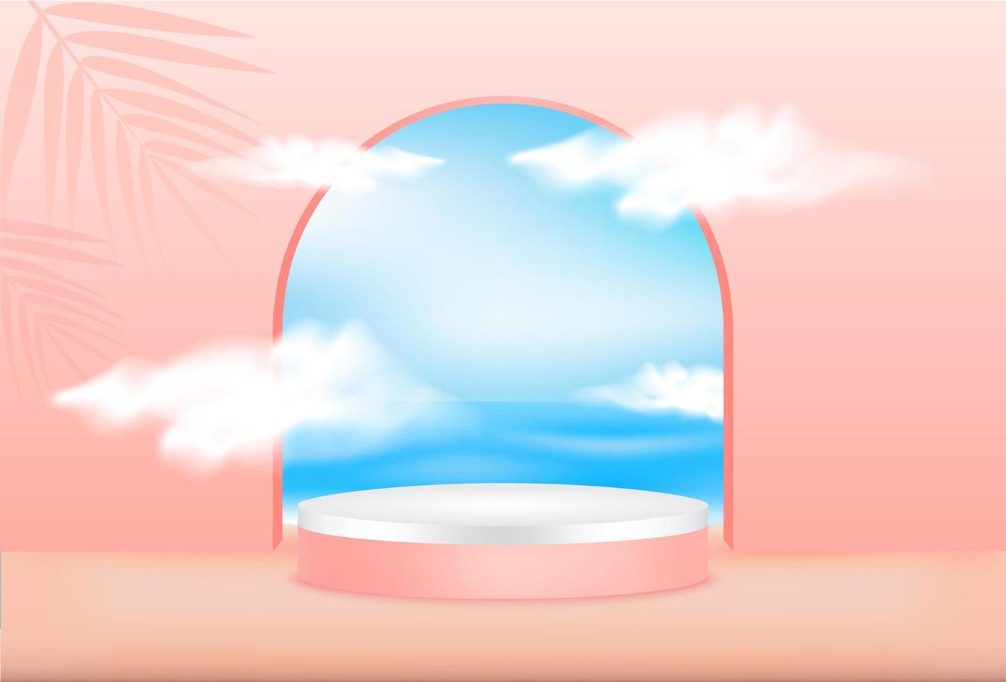 Cosmetic pink premium podium display for product presentation branding and packaging. Studio stage with shadow of leaf and sea sky cloud background. 3d vector design abstract.