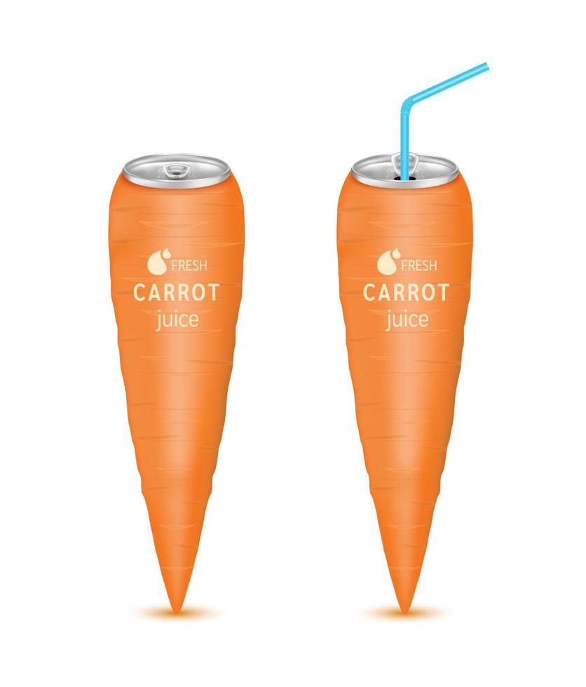 Fresh carrot juice soft drink with lid aluminum can and drinking straw. Isolated on a white background. Healthy fruit drink concept. Realistic 3D vector EPS10 illustration.