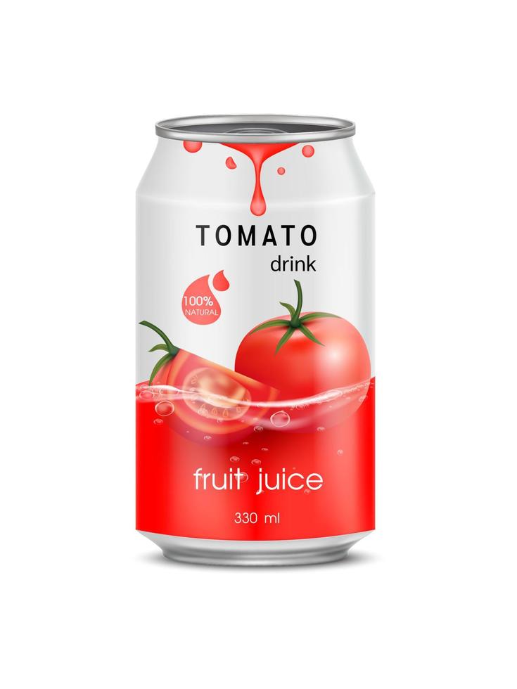 refresco de jugo de tomate en lata de aluminio y diseño de maqueta de empaque rojo de fruta de tomate. Aislado en un fondo blanco. ilustración vectorial realista eps10. vector