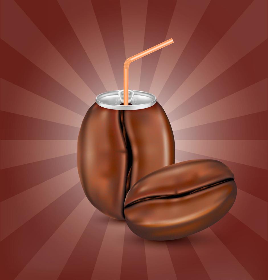 granos de café marrones, café recién hecho con tapa, lata de aluminio y paja para beber. aislado en un fondo marrón. concepto de bebida de fruta saludable. ilustración vectorial 3d realista eps10. vector