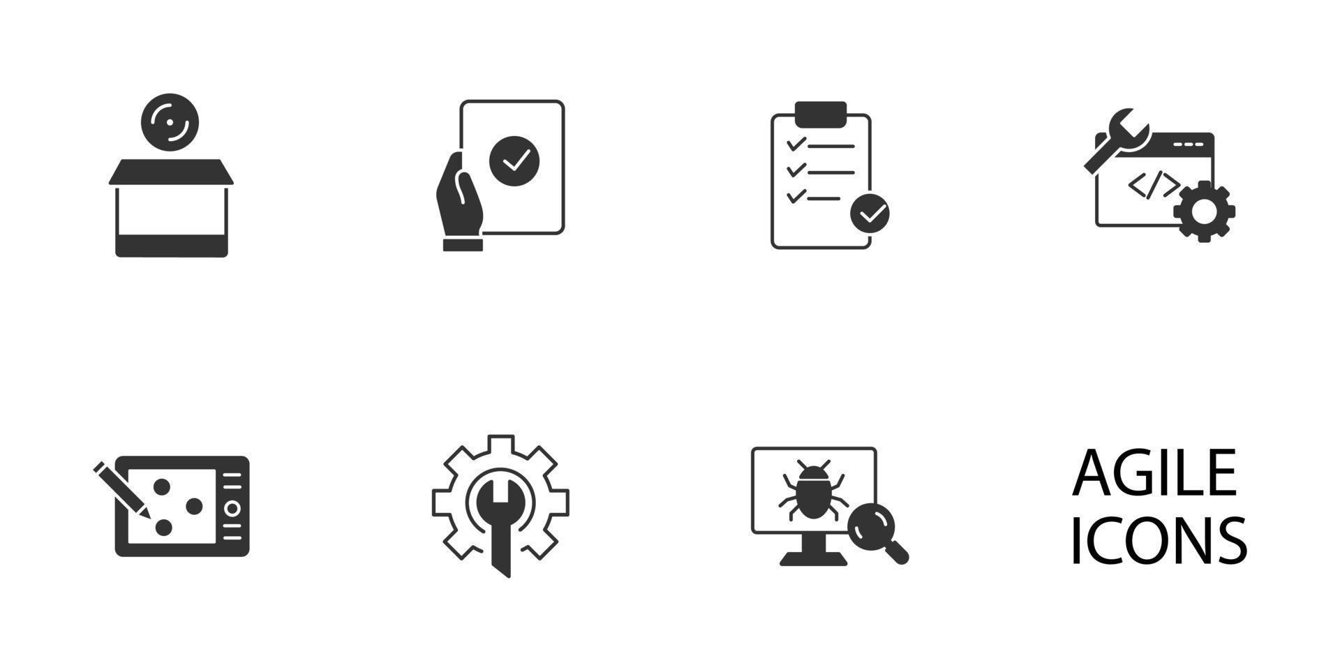 Conjunto de iconos de agilidad de la computadora web empresarial de software de desarrollo ágil. desarrollo ágil software negocio web computadora agilidad paquete símbolo elementos vectoriales para infografía web vector