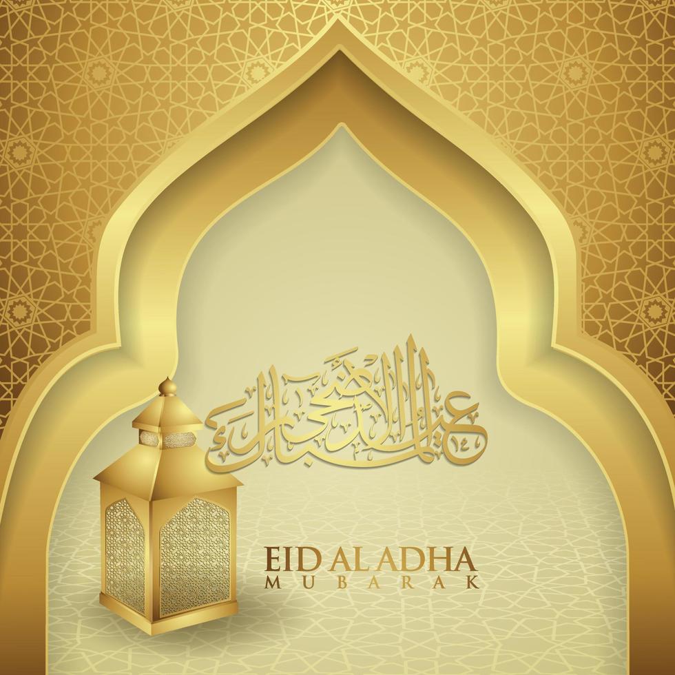 Luxurious and elegant design Eid Al adha greeting with gold color on arabic calligraphy, crescent moon, lantern and textured gate mosque. vector illustration.