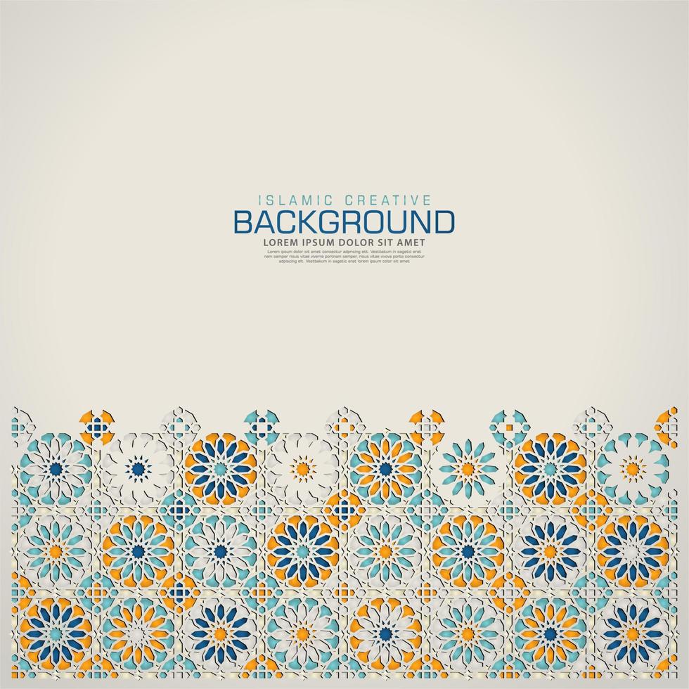 Islamic design greeting card background template with ornamental colorful detail of floral mosaic islamic art ornament.Vector illustration. vector