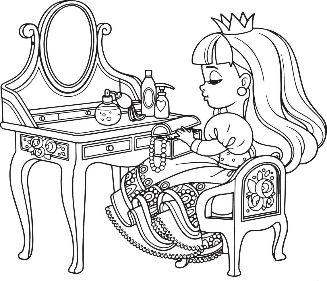 niña princesa sentada frente a un espejo página de libro para colorear vector