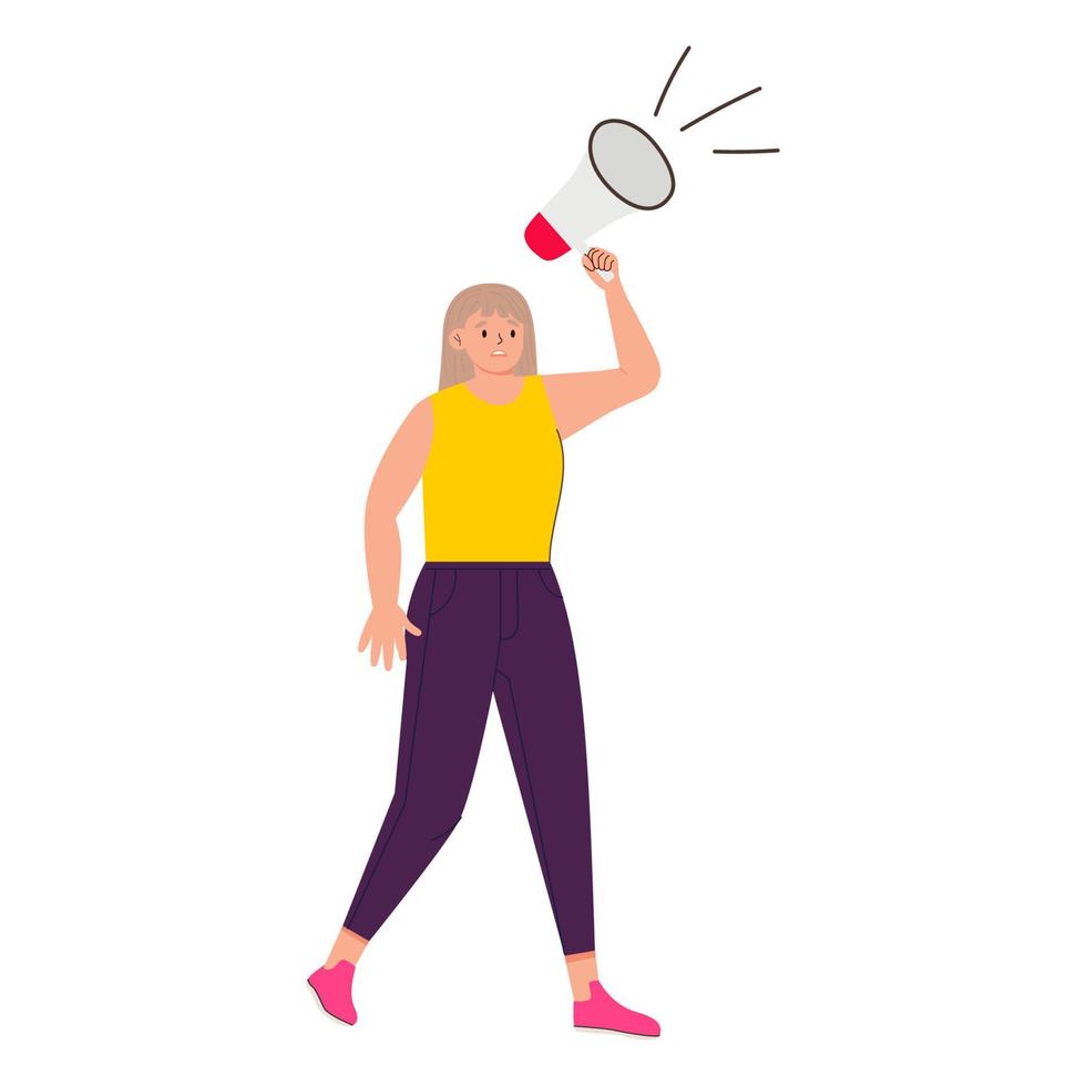 Activist shouts into a megaphone. A young woman with her hand raised holds a megaphone during a protest. Vector illustration of a cartoon character in a flat style.