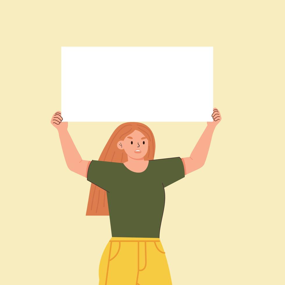 activista femenina sostiene un cartel. una mujer joven con la mano levantada sostiene un cartel durante una protesta. ilustración vectorial de un personaje de dibujos animados en un estilo plano. vector