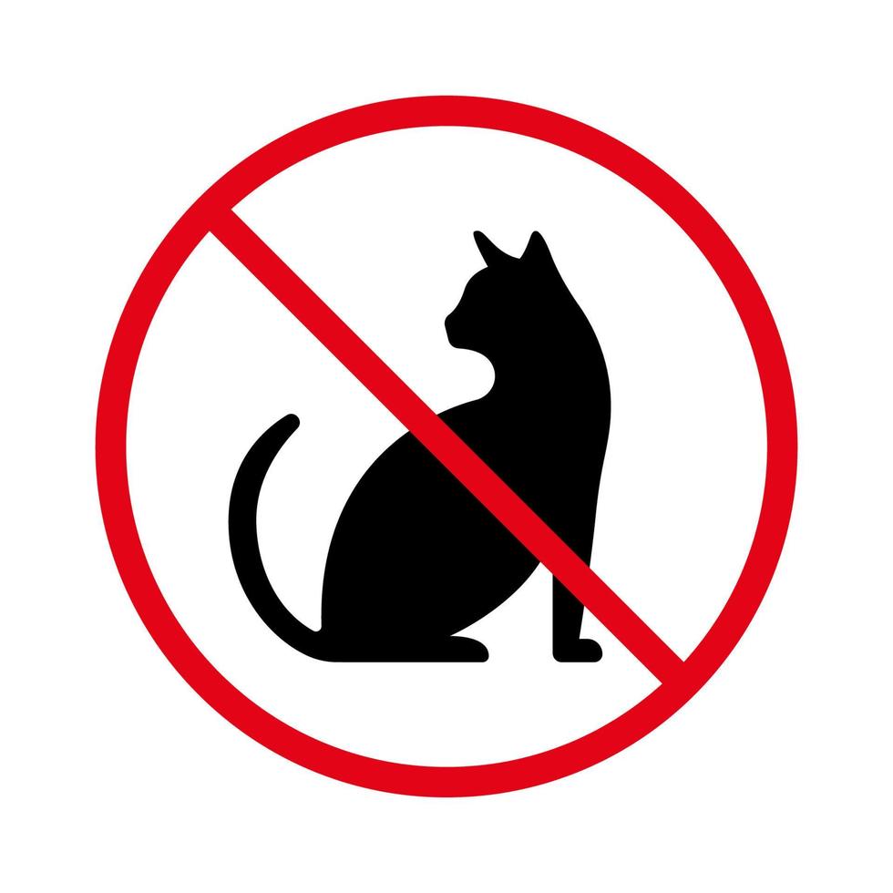 Ban Black Cat Silhouette Icon. Forbidden Kitten Sitting Rule Pictogram. Pussycat Red Stop Circle Symbol. No Allowed Pet Kitty Sign Profile View. Prohibited Mammal Animal. Isolated Vector Illustration.