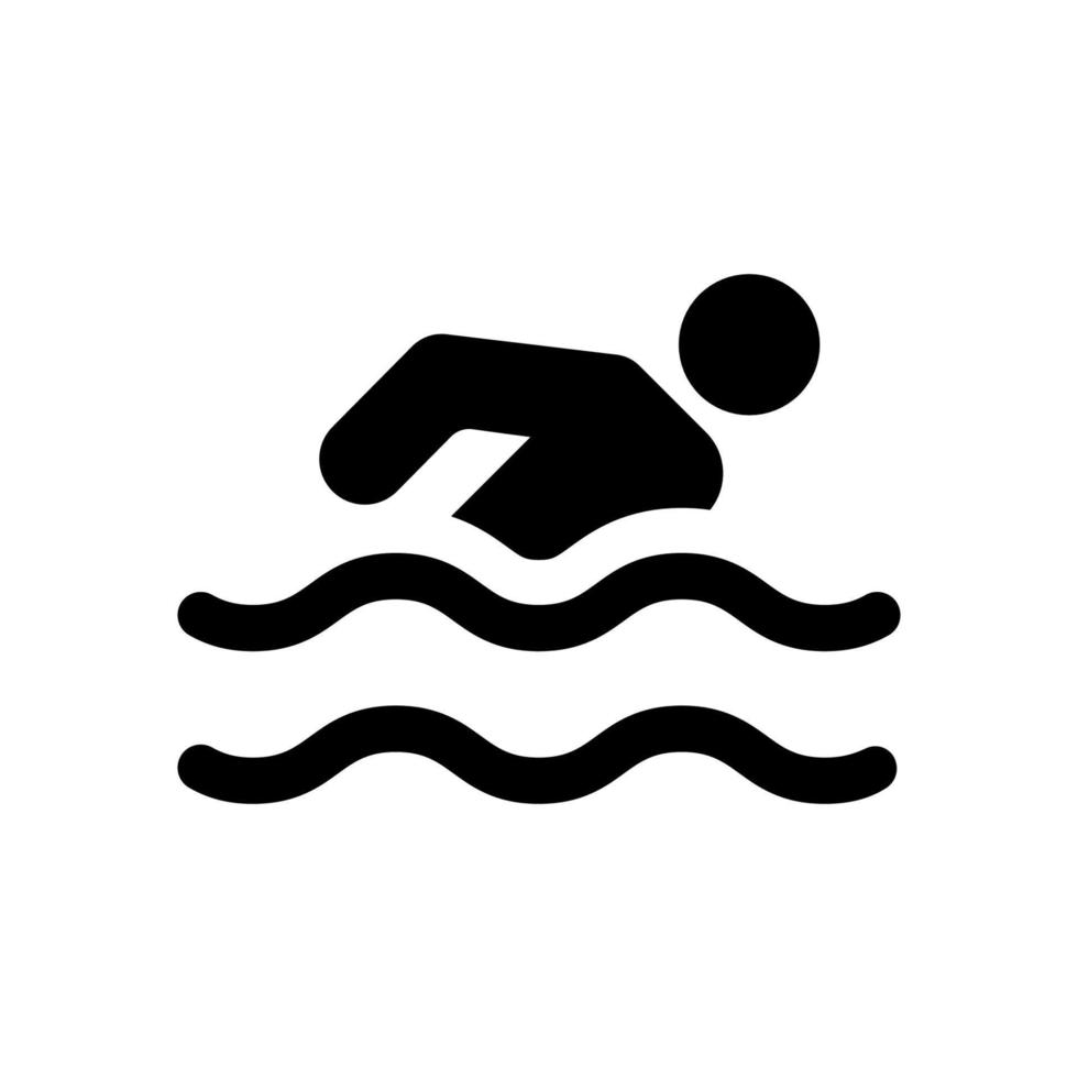 Athlete Stick Man Swim in Sea Black Silhouette Icon. Sport Swimmer Dive in Pool Glyph Pictogram. Human Simple Figure Motion in Water Flat Symbol. People Swim on Beach. Isolated Vector Illustration.